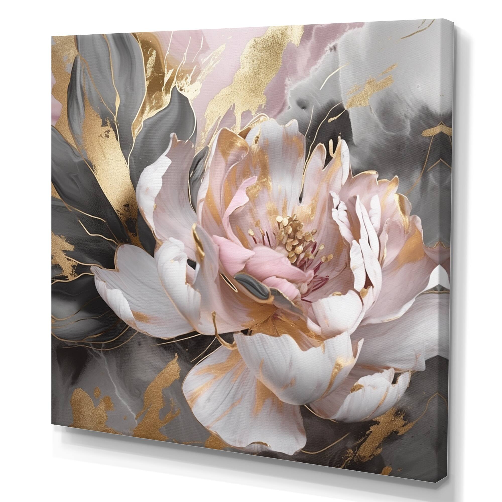 Designart "Marble Pink Gold Peony Flower Iv" Floral Peony Wall Art